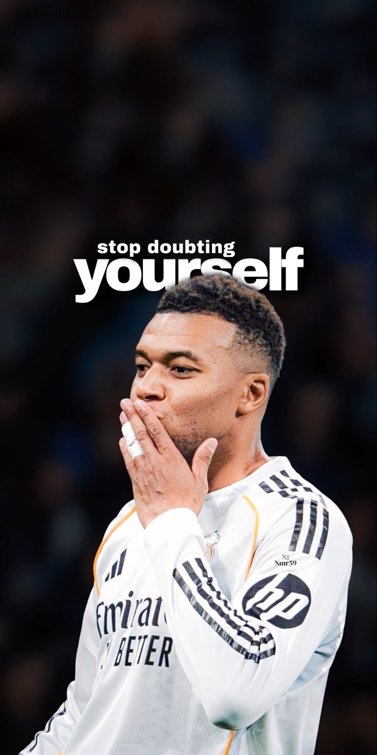 This Kylian Mbappé 4K wallpaper brings an inspiring atmosphere to your iPhone featuring the popular Aesthetic wallpapers style. The visual showcases Mbappé in a clean white Real Madrid kit with a soft-focus stadium background and a bold motivational quote.