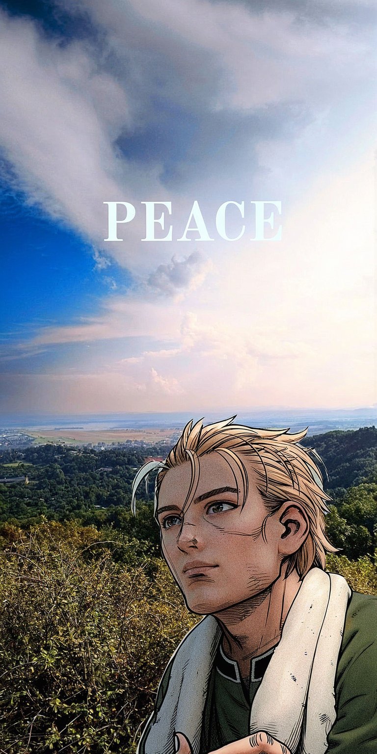Download this Thorfinn wallpaper in stunning 4K resolution for your iPhone! This incredible wallpaper features Thorfinn with blond hair on a hilltop with a bright cloudy sky above, and the word 'PEACE' hovering in the sky.