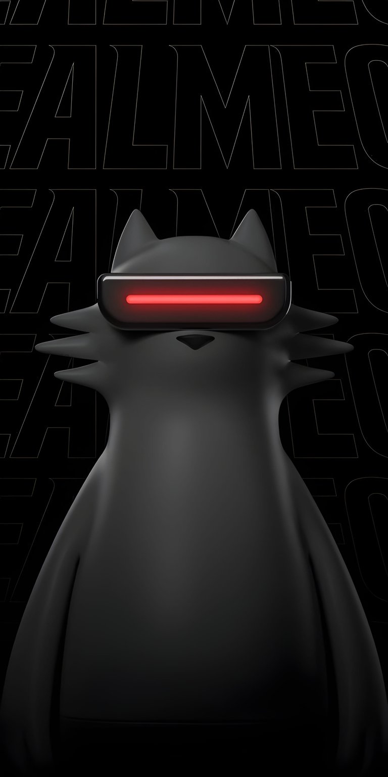 This 4K OLED wallpaper showcases the sleek RealMeow mascot wearing a futuristic VR headset against a deep black background. Optimized for iPhone, this high-contrast wallpaper features a striking red light bar and smooth matte textures for a clean tech aesthetic.