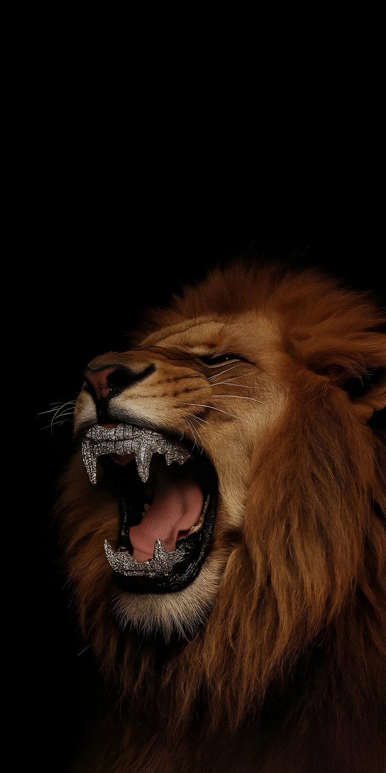 Roaring lion grillz 4K wallpaper for iPhone features a majestic lion with diamond teeth. This incredible wallpaper highlights the intricate detail of the lion's open mouth and the unique sparkle of the diamond-encrusted teeth.