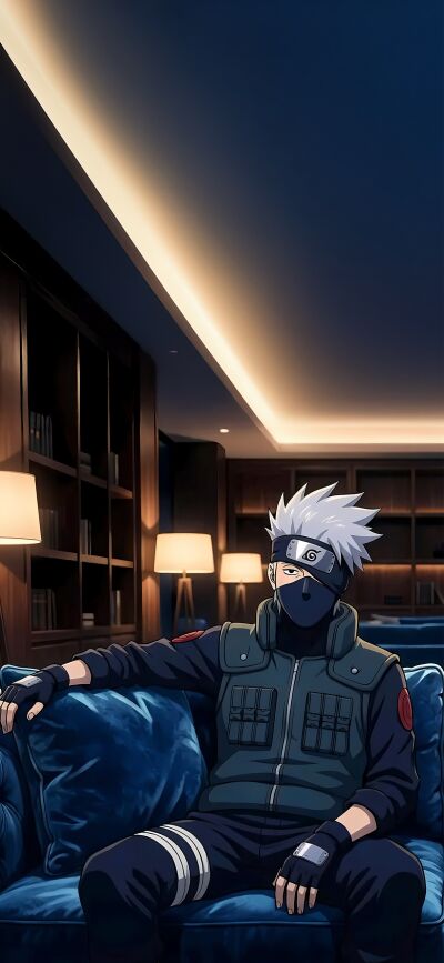 This 4K wallpaper features Kakashi and Gojo relaxing on a blue couch, perfect for an iPhone. It's a great matching wallpaper for you and a friend, with ambient lighting from nearby lamps and dark attire.