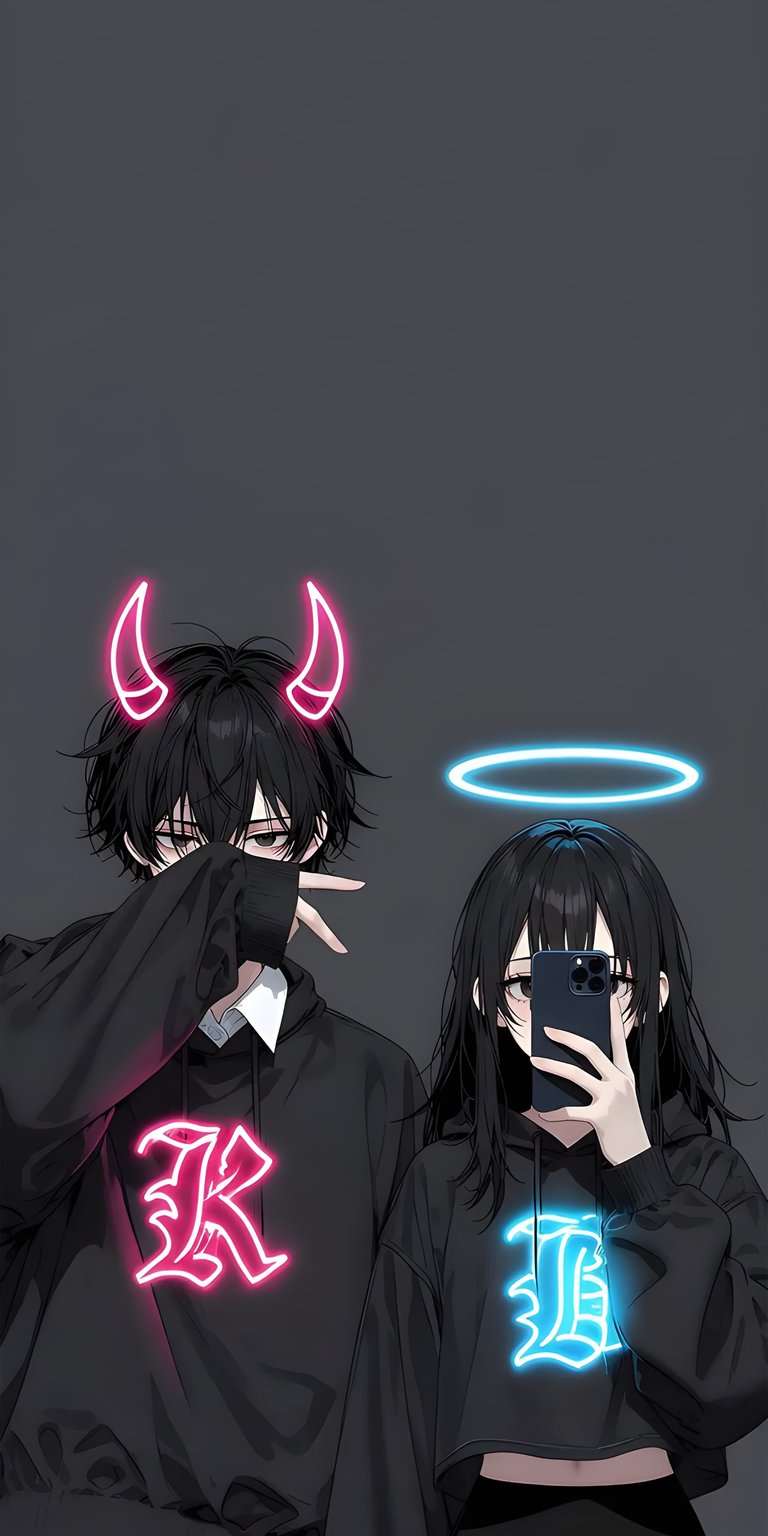 This high-quality 4K wallpaper features an edgy anime couple styled with glowing neon devil horns and an angel halo. Perfect for your iPhone, this aesthetic wallpaper uses deep blacks and vibrant light trails to create a striking high-contrast look for your home screen.