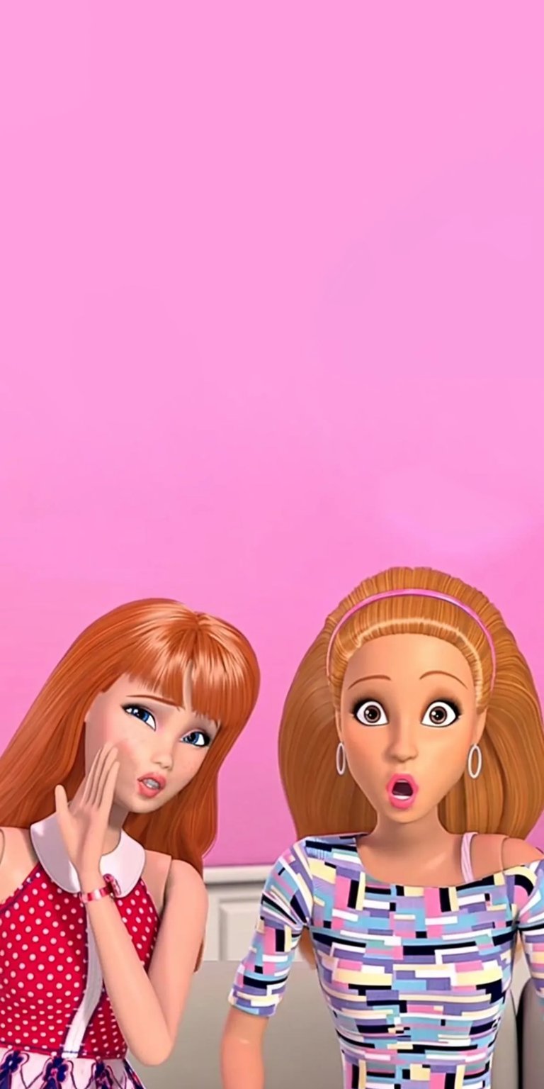 Download this vibrant Barbie wallpaper in 4K for your iPhone, showcasing two Barbie dolls with shocked expressions. One Barbie wears a red polka dot dress, while the other sports a geometric-patterned top.