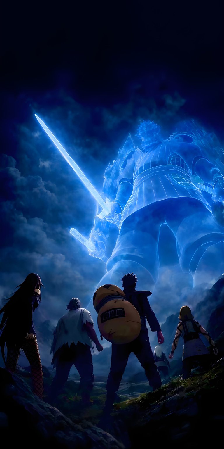 Download this Naruto 4K wallpaper for your iPhone, showcasing a luminous Susanoo looming over a group in a darkened landscape. This stunning wallpaper features a colossal blue energy being wielding a sword amid swirling clouds.