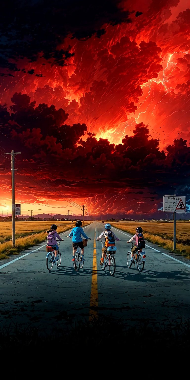Get this Stranger Things wallpaper in stunning 4K resolution for your iPhone. Featuring the kids on bikes with a fiery, storm-filled sky overhead and a deserted road, this wallpaper is sure to impress.