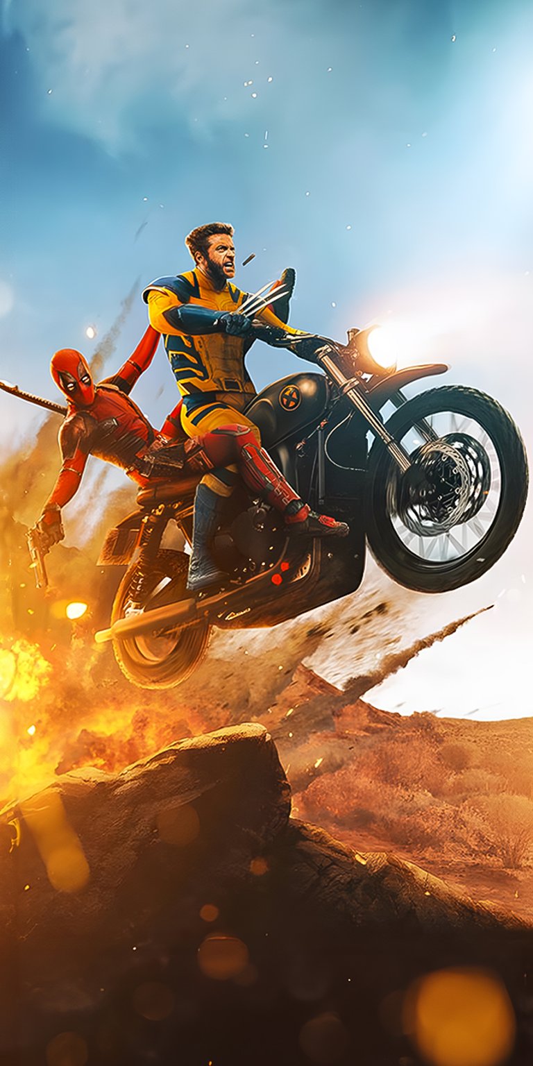 Deadpool & Wolverine riding a motorcycle wallpaper 4k