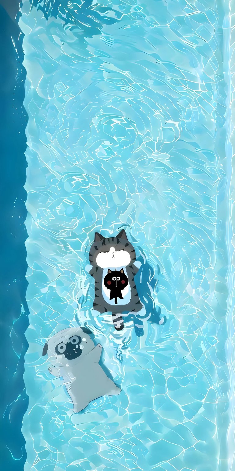 Download this adorable cat swimming pool wallpaper in 4K for your iPhone. This wallpaper features a cat and a dog floating on their backs in the vividly clear water, with the sunshine rippling across the surface.