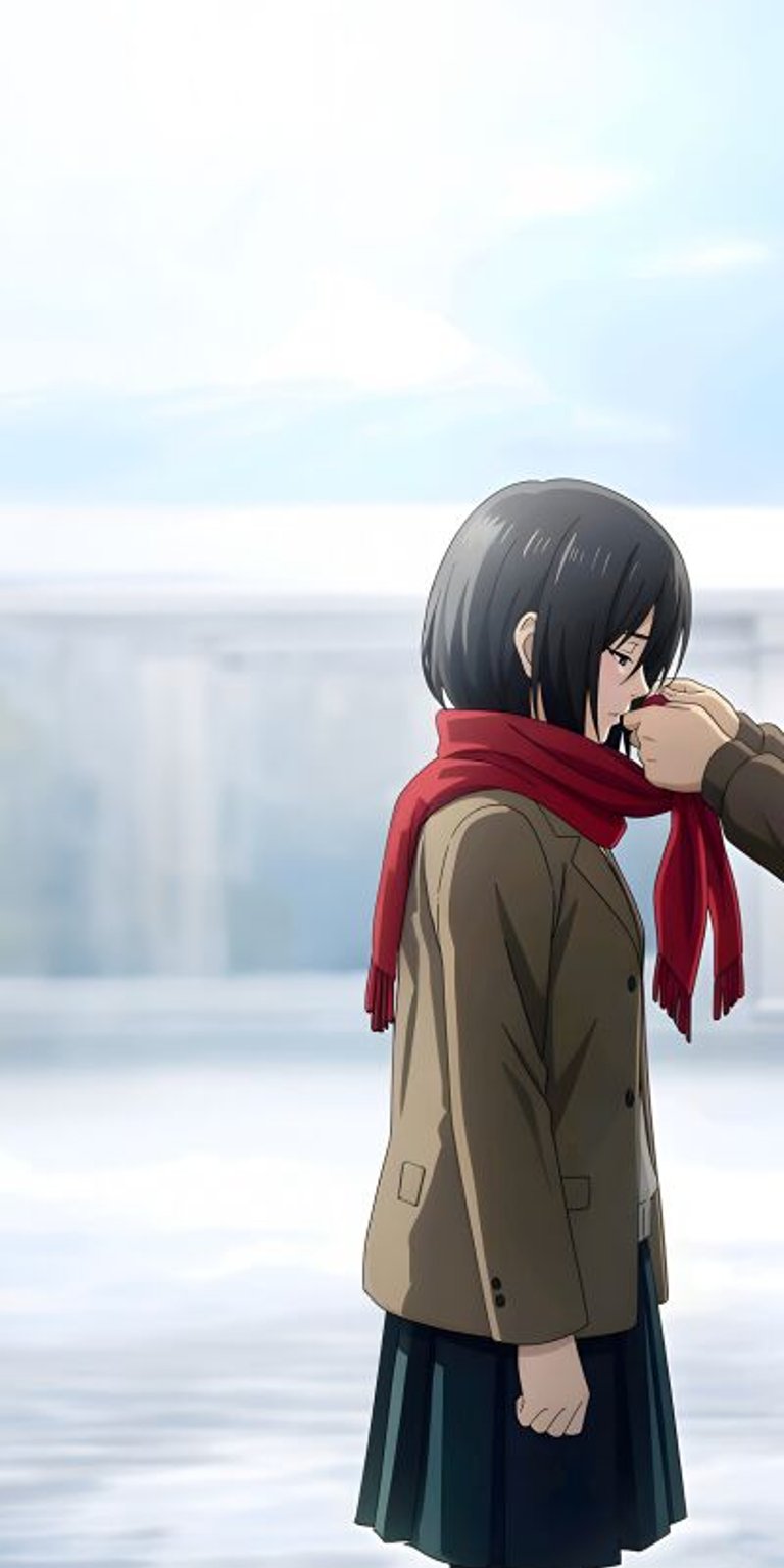 This striking Mikasa and Eren 4K wallpaper is perfect for iPhone users, featuring a captivating matching design. This wallpaper showcases Eren in a brown hoodie and Mikasa adjusting her red scarf, set against a bright, clear sky, creating a beautiful continuous image.