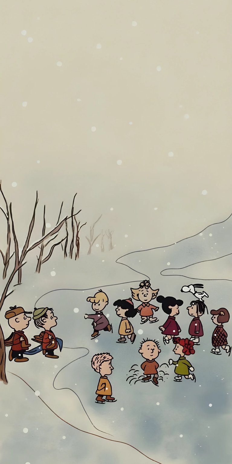 Enjoy this charming Peanuts Gang 4K wallpaper on your iPhone, depicting the classic comic strip characters ice skating in a snowy winter wonderland. Notice the delicate snowfall, the frozen tree branches, and Snoopy dancing on top of Lucy's head that make this wallpaper so unique.