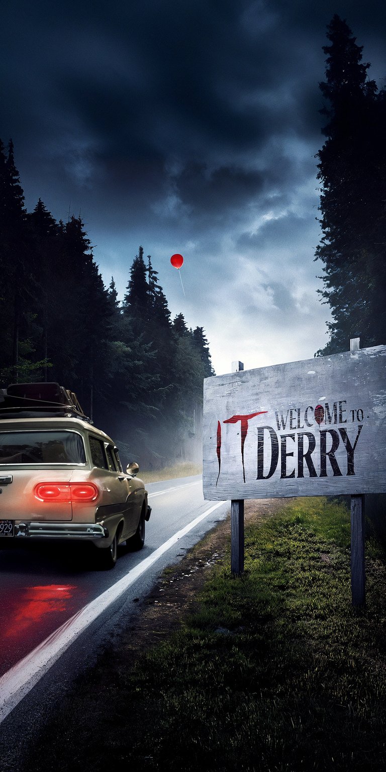 Creep yourself out with this IT: Welcome to Derry tv show wallpaper in 4K for your iPhone. This wallpaper features a vintage car driving toward a 'Welcome to Derry' sign as a single red balloon floats in the cloudy sky.
