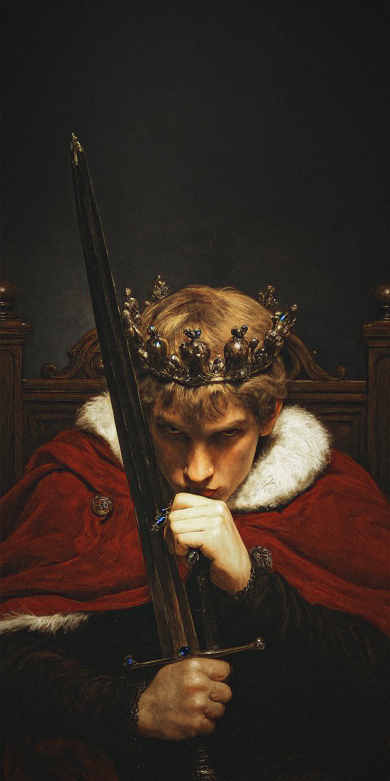 Download this King Arthur wallpaper in stunning 4K for your iPhone, showcasing a regal portrait with a jeweled crown and a prominent sword. This dramatic wallpaper features a red cloak and dark background for a striking visual.