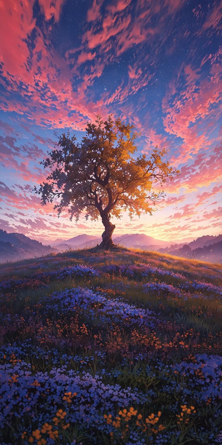 Tree on top of mountain with garden iPhone wallpaper 4K