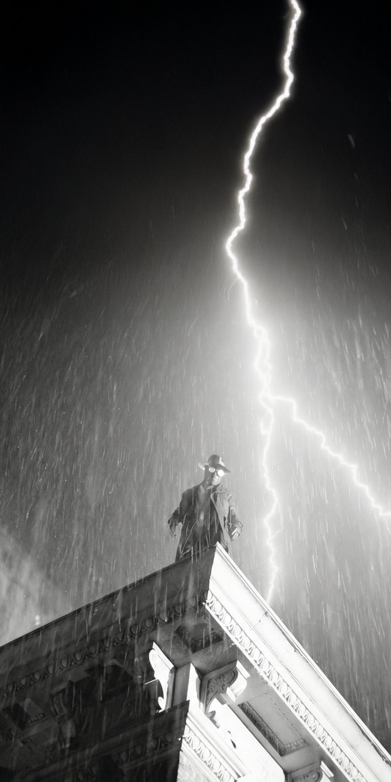 This 4K wallpaper features the iconic silhouette of The Shadow standing atop a rain-slicked building during a powerful lightning strike. Perfect for an iPhone lock screen, this aesthetic wallpaper captures a moody, high-contrast noir atmosphere in monochrome tones.