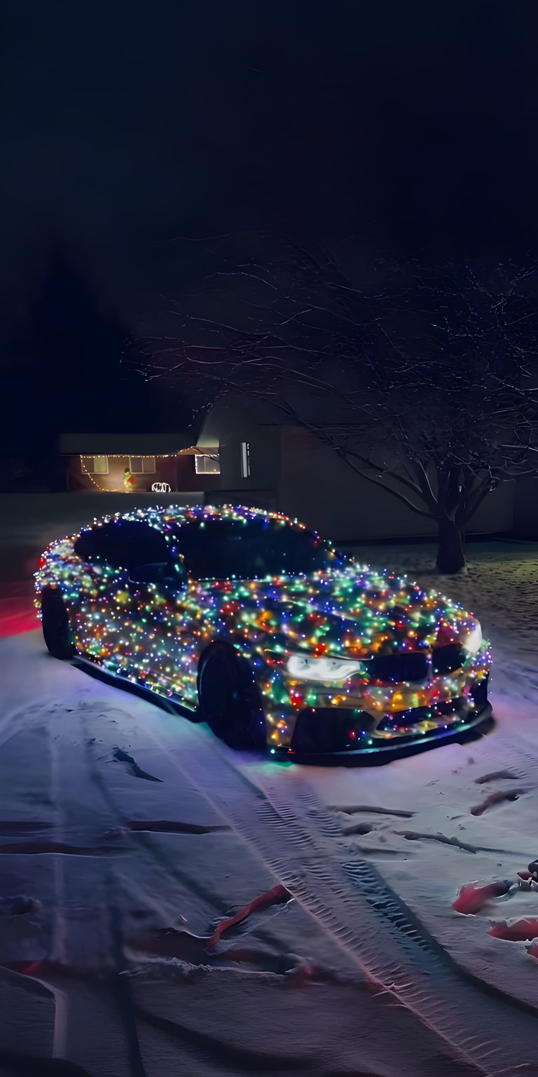 A festive and unique take on automotive art featuring a BMW sedan completely draped in multicolored Christmas lights. Set against a dark, snowy winter landscape, the car glows with a warm holiday spirit. It’s the perfect blend of car culture and seasonal cheer, capturing the cozy yet exciting feeling of a winter night.