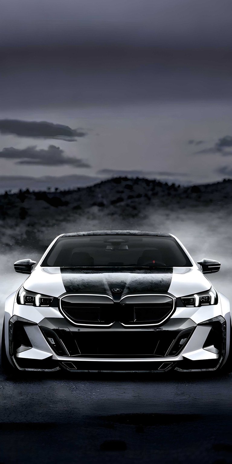 This high-contrast BMW M5 Touring 4K static wallpaper is optimized for OLED screens, featuring deep blacks and sharp white highlights. The mobile wallpaper showcases the aggressive front fascia and carbon fiber detailing of the performance wagon against a moody, misty backdrop for a premium iPhone look.