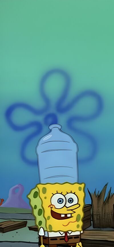 Enjoy this Spongebob and Patrick matching 4K wallpaper on your iPhone. Featuring Spongebob with a water jug on his head and Patrick with a flower.