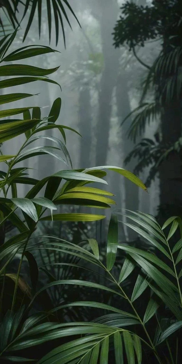 Download this beautiful jungle wallpaper in 4K for your iPhone! This captivating wallpaper features vibrant green palms, tall, blurred trees, and a misty, mysterious atmosphere.