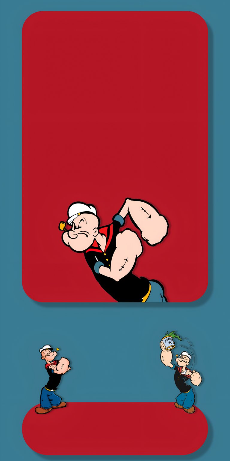 Celebrate classic animation with this vibrant Popeye the Sailor Man wallpaper. Featuring the iconic sailor in his signature "Spinach Strength" pose, the design uses a clean, modern color-blocked aesthetic with a bold red and teal palette. This high-definition graphic is perfect for fans of retro cartoons and vintage comic book art who want a fun, pop-art look for their device.