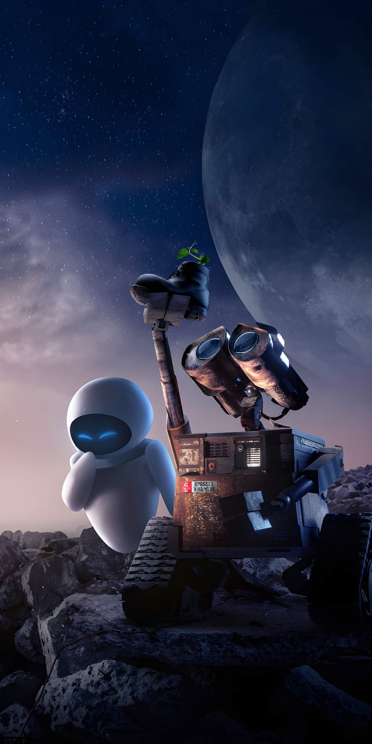 Download this charming Wall-E and Eve 4K wallpaper for your iPhone, showcasing the robot holding a boot with a plant, set against a lunar backdrop. This wallpaper captures a whimsical scene of space exploration and discovery.