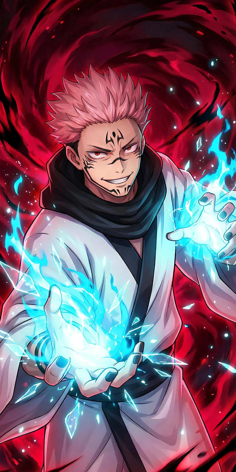 Experience the terrifying power of the King of Curses with this 4K wallpaper featuring Ryomen Sukuna wielding blue cursed energy. This iPhone live wallpaper highlights Sukuna’s iconic tattoos and a menacing red aura that makes your home screen stand out.