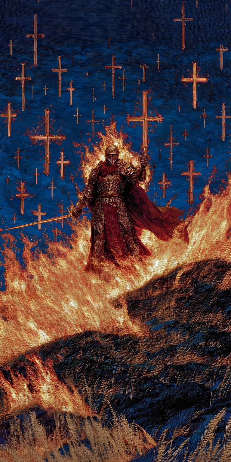 A cinematic shot of the Tarnished ascending the Mountaintops of the Giants as the Erdtree burns in the distance. The golden glow of the Erdtree's grace clashes with the red embers of the Giants' Flame. The warrior is centered in a divine light, representing the path to becoming Elden Lord amidst the falling ruins of the old order.