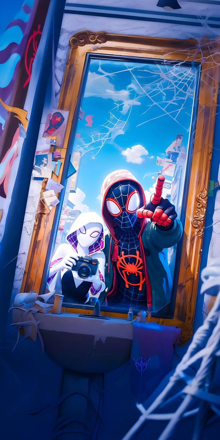 Download this stunning Miles Morales 4K wallpaper for your iPhone, showcasing Spider-Gwen with a camera and Miles pointing at the viewer, all framed by a spiderweb-cracked window. This incredible wallpaper captures the essence of the Spider-Verse.