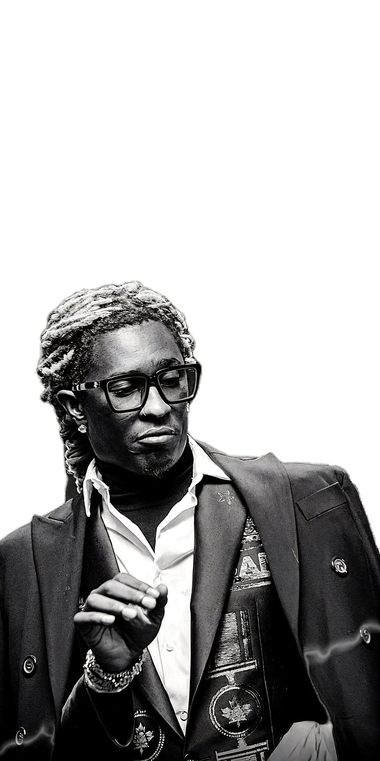 Elevate your iPhone with this high-contrast Young Thug 4K wallpaper featuring the artist in a sophisticated suit. This aesthetic wallpaper uses a black and white color palette to create a sharp, cinematic look for your mobile device.