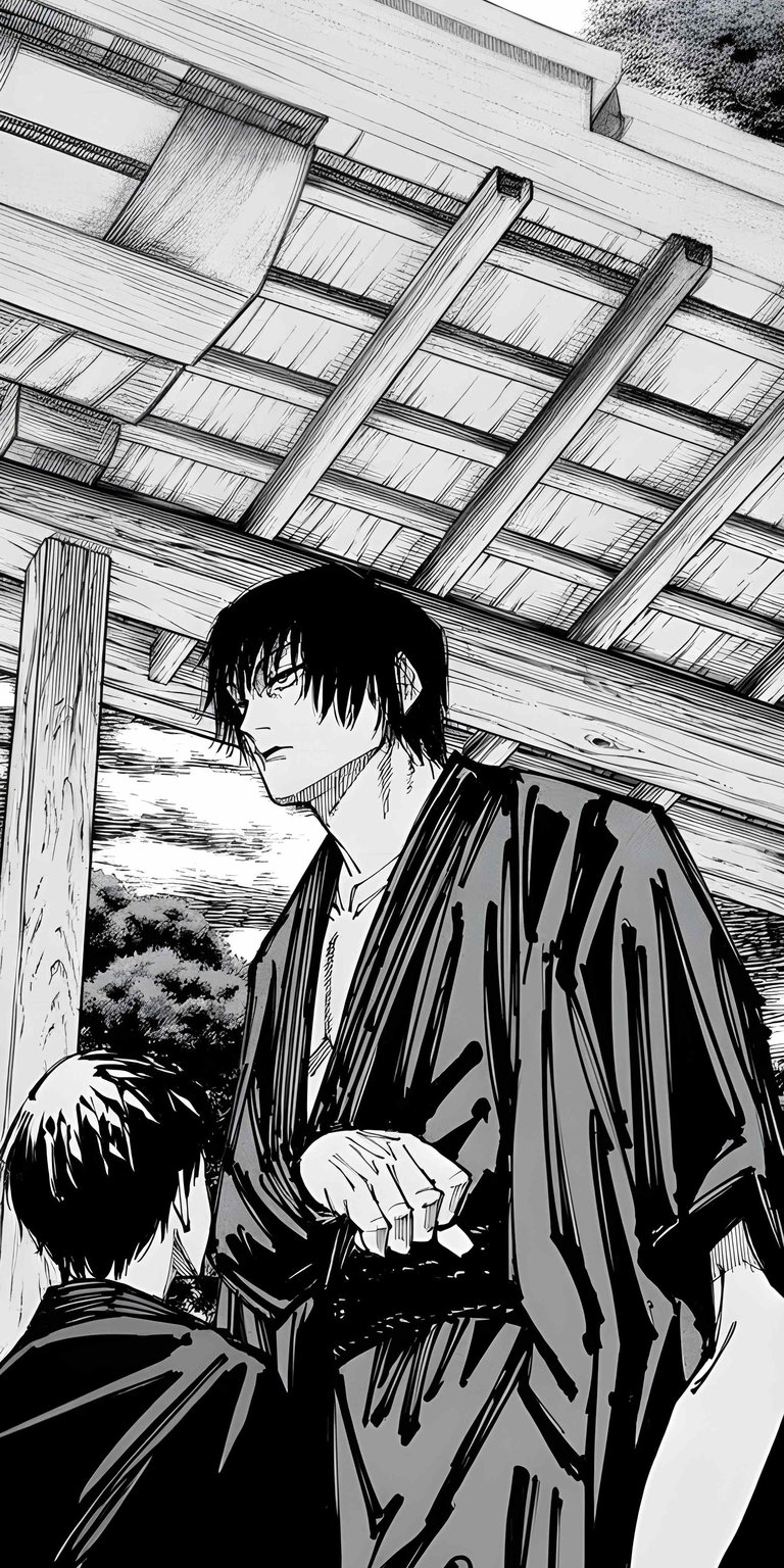 Download this striking Toji Fushiguro 4K wallpaper for your iPhone, showcasing the character in his signature robe under a traditional roof. This high-resolution wallpaper captures the manga's unique art style, with its detailed line work and monochromatic color palette.