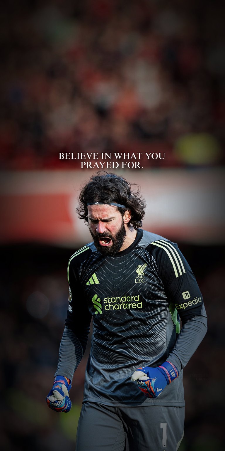 Alisson Becker in black goalkeeper kit during an intense match moment with blurred stadium lights and bold text. This 4K wallpaper looks stunning on iPhone screens, combining sharp detail and a dark aesthetic wallpaper vibe.
