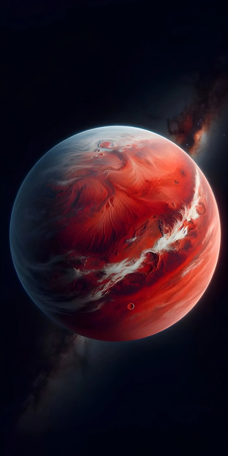 Download this stunning Mars 4K wallpaper for your iPhone, showcasing the red planet with its swirling cloud patterns and small, desolate moon. This striking wallpaper features wisps of distant nebulae against the dark expanse of space.
