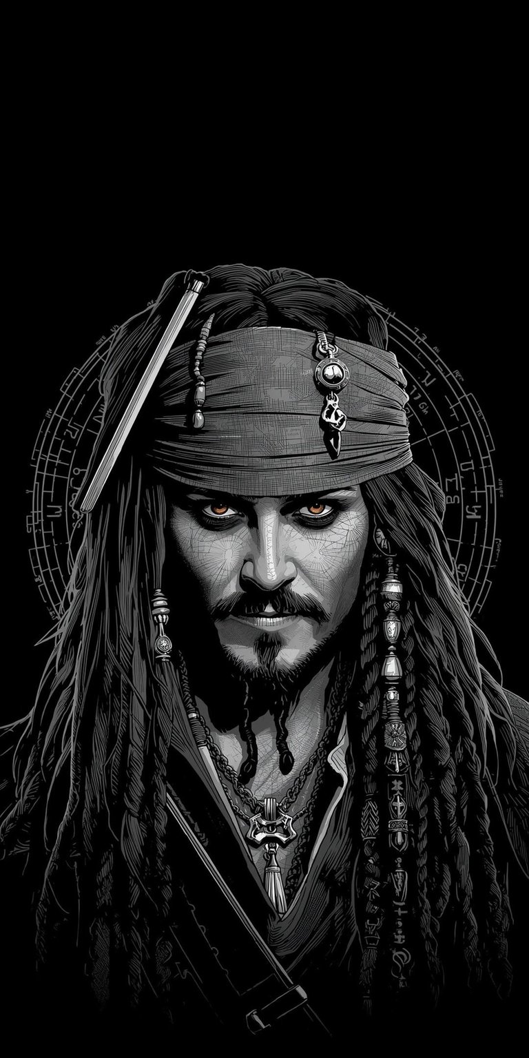 This striking black and white 4K wallpaper showcases a detailed portrait of Captain Jack Sparrow, making it an essential wallpaper for any iPhone. The image highlights Johnny Depp's iconic character with sharp focus on his dreadlocks, bandana, and charismatic expression.