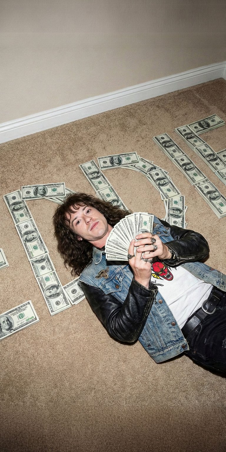 Download this epic Eddie Munson 4K wallpaper for your iPhone featuring Eddie laying on a carpet of money! This incredible wallpaper showcases Eddie with a denim jacket, long curly hair, and a wad of cash.