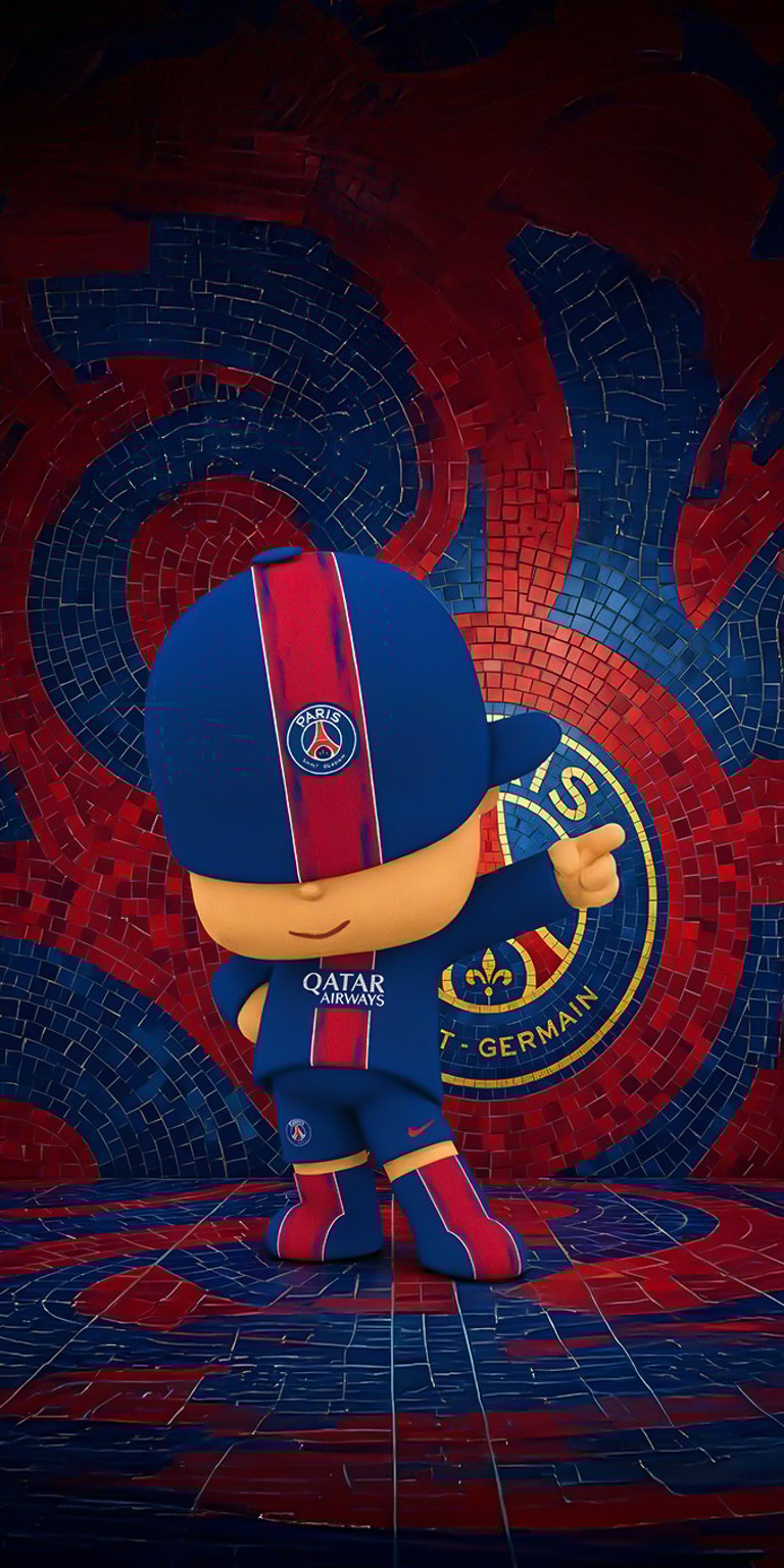 The character Pocoyo is featured in an action pose while wearing the FC Barcelona uniform, set against a dark, textured blue and red backdrop. This energetic wallpaper is designed for passionate fans of the club who want a dynamic football aesthetic on their screen