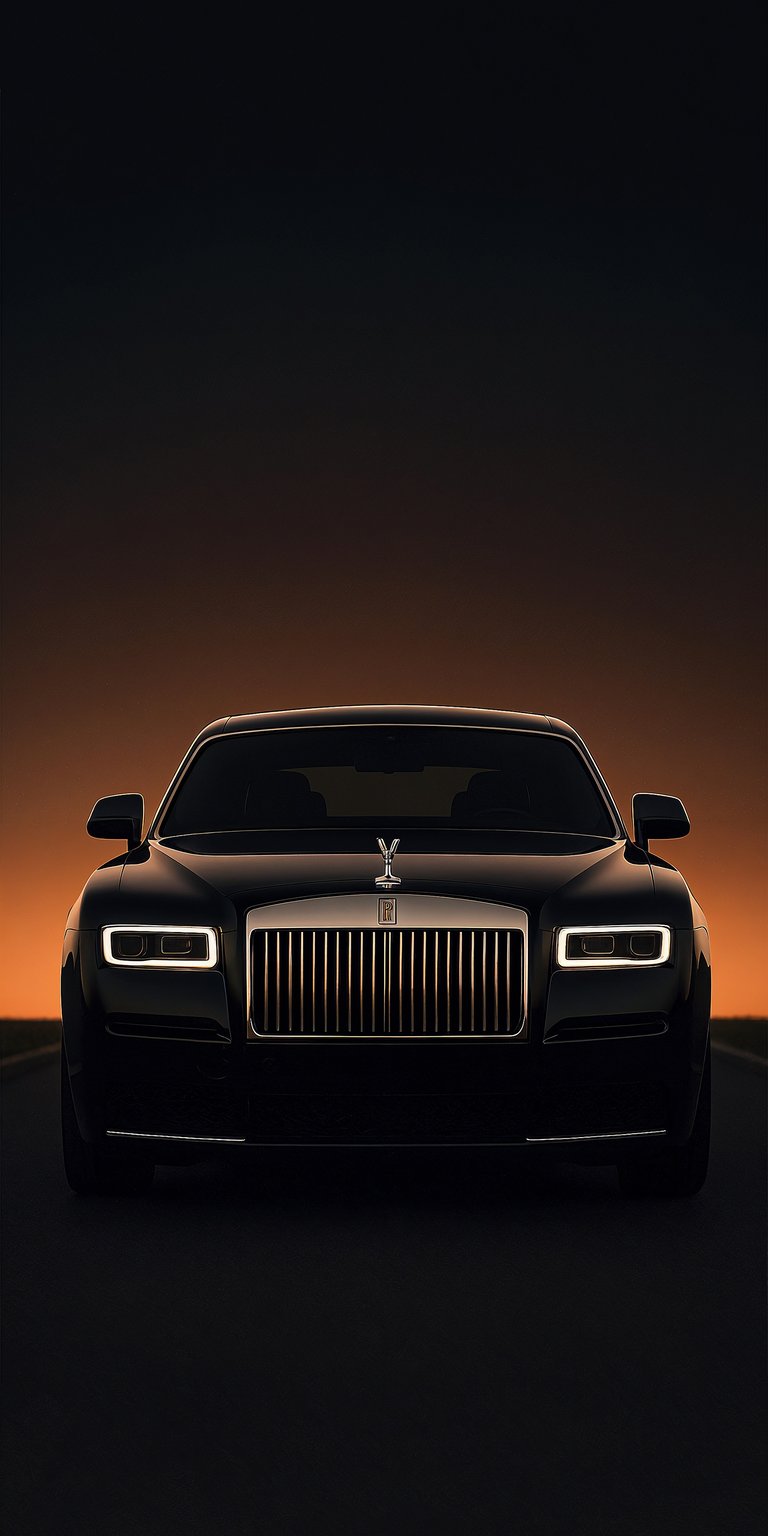 This high-contrast Black Rolls-Royce Ghost 4K wallpaper is optimized for OLED / AMOLED screens to save battery on your iPhone. The minimalist composition features the iconic illuminated grille and Spirit of Ecstasy set against a warm sunset horizon, making it a sophisticated background for any mobile device.