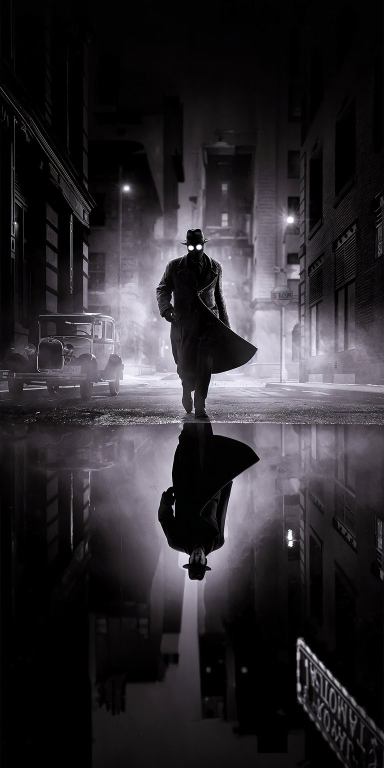 This high-contrast Spider-Man Noir 4K wallpaper features a cinematic aesthetic perfect for your iPhone lock screen. The deep blacks of this OLED / AMOLED wallpaper highlight the glowing eyes and rainy street reflections for a moody, grounded look.