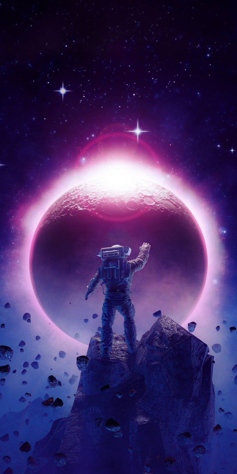 Astronaut waving his hands to the other purple planet wallpaper