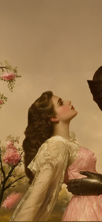 Enjoy this artistic Maidens Knight 4K wallpaper on your iPhone. Featuring a lovely maiden in a pink dress and a knight in a black armor, this wallpaper makes a matching wallpaper for 2 people.