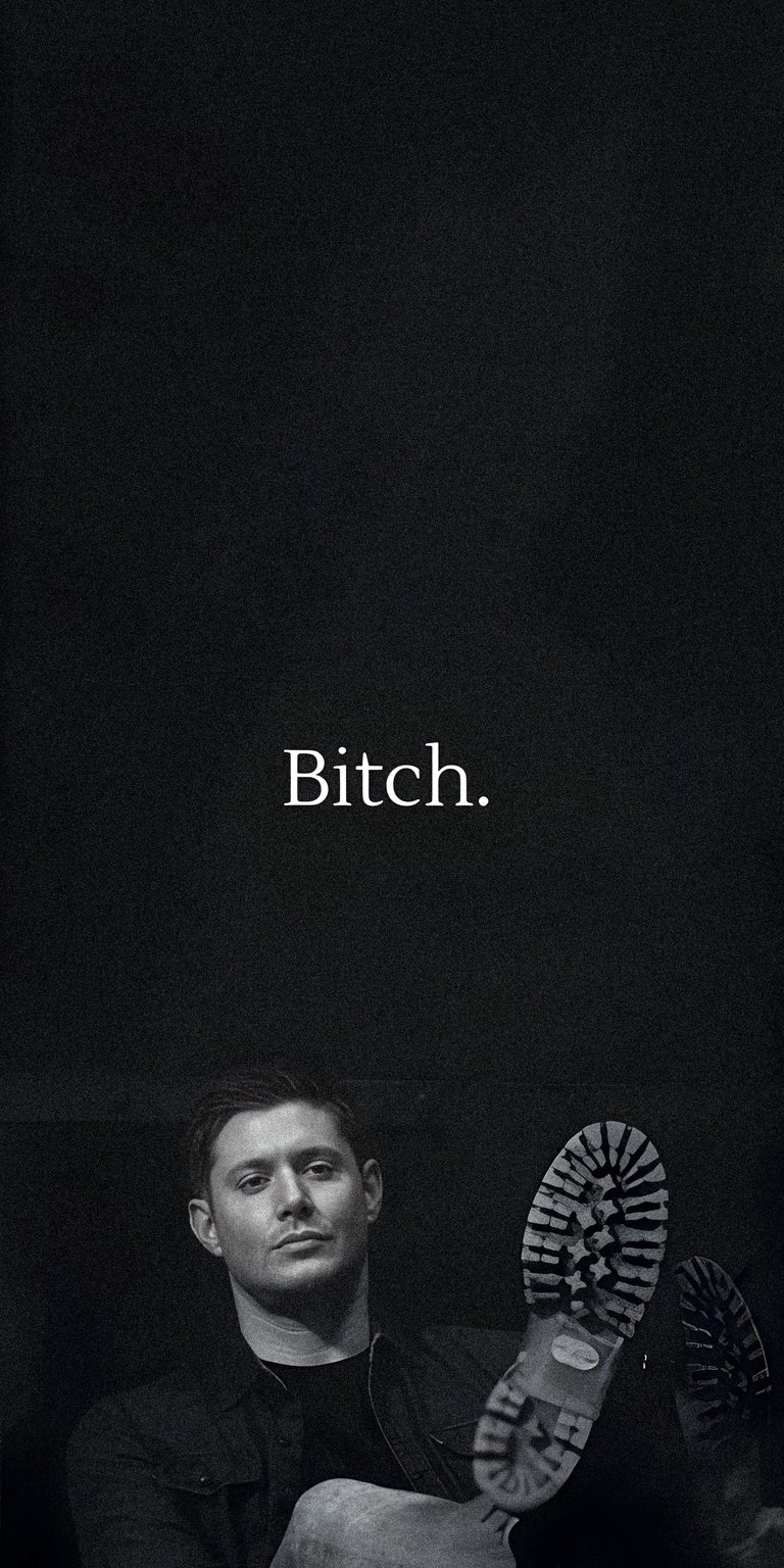Download this Dean Winchester 4K wallpaper for your iPhone! This black and white wallpaper features the actor with a boot propped up and the word "Bitch".