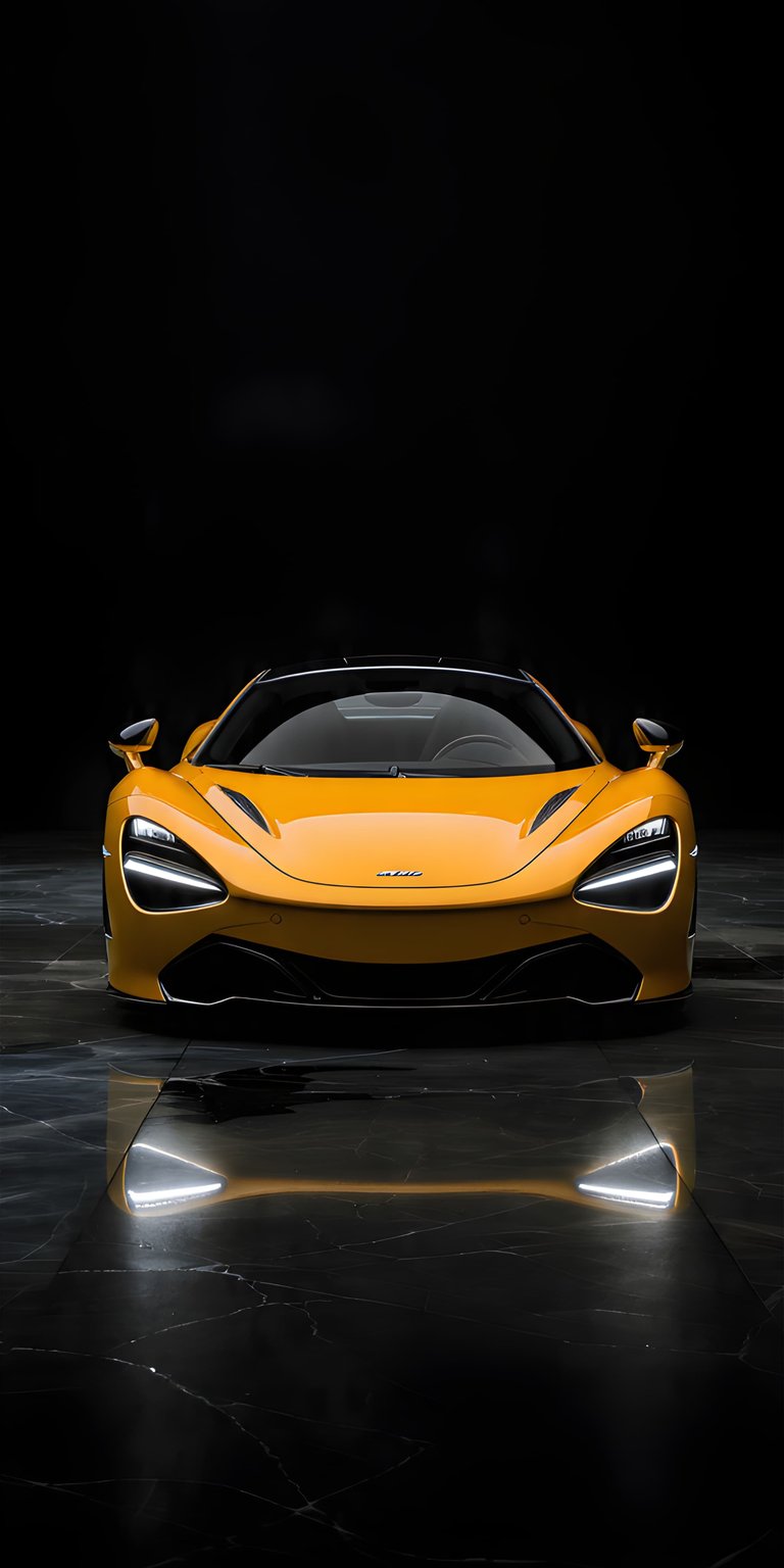 Download this striking Mclaren wallpaper in 4K for your iPhone. The bold yellow sports car is captured with a glossy black floor reflecting its sleek headlights, set against a dark backdrop.
