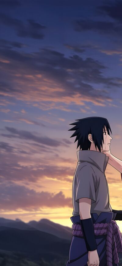 This matching Itachi Sasuke wallpaper in 4K resolution is perfect for iPhone. The wallpaper features a beautiful sunset sky, with crows flying away from Itachi, creating a unique wallpaper design.