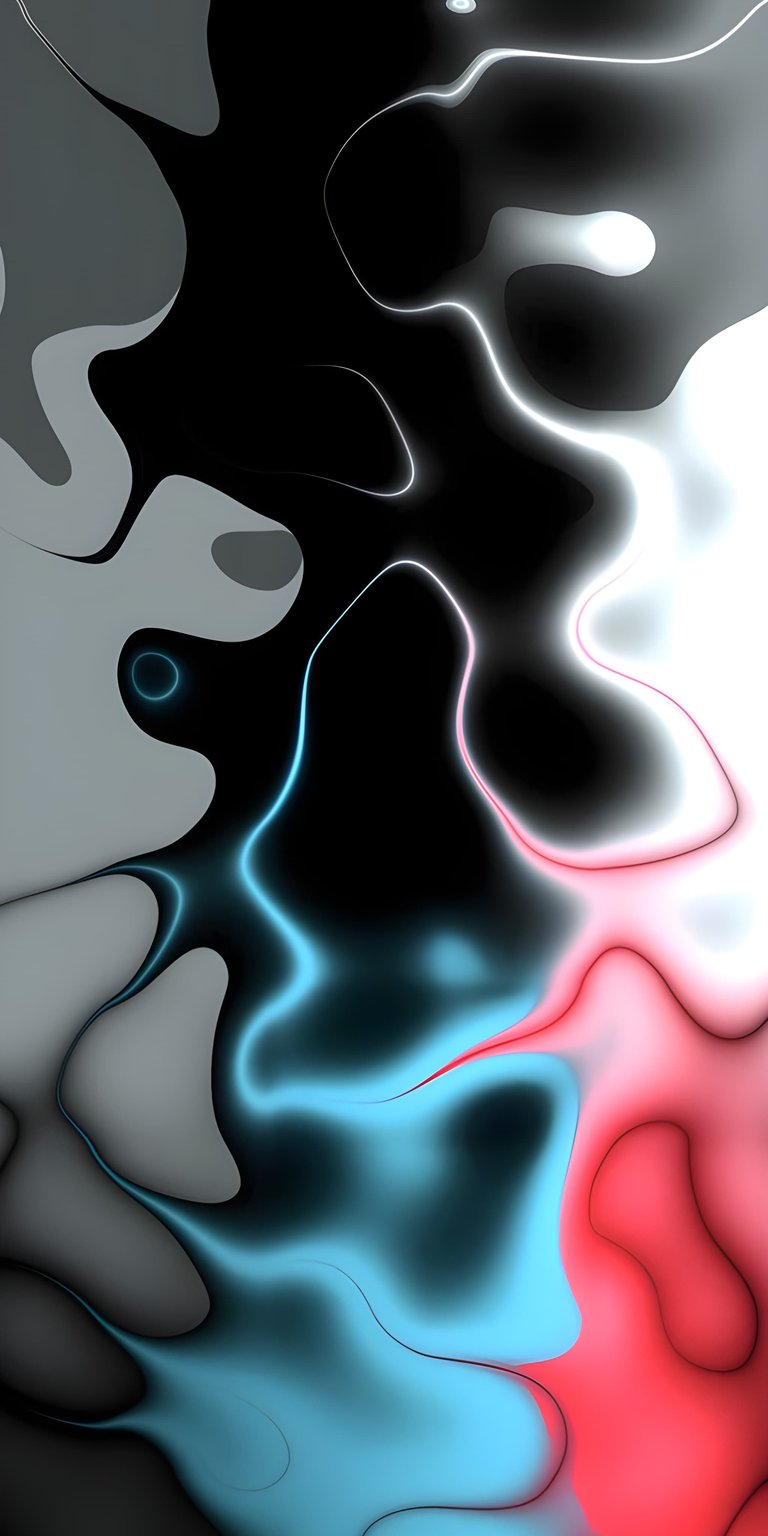 This 4K wallpaper features a high-contrast abstract liquid design perfect for OLED and AMOLED screens. Optimized for iPhone, the visual showcases vibrant neon blue and red waves melting into a deep black void with smooth, glowing gradients.