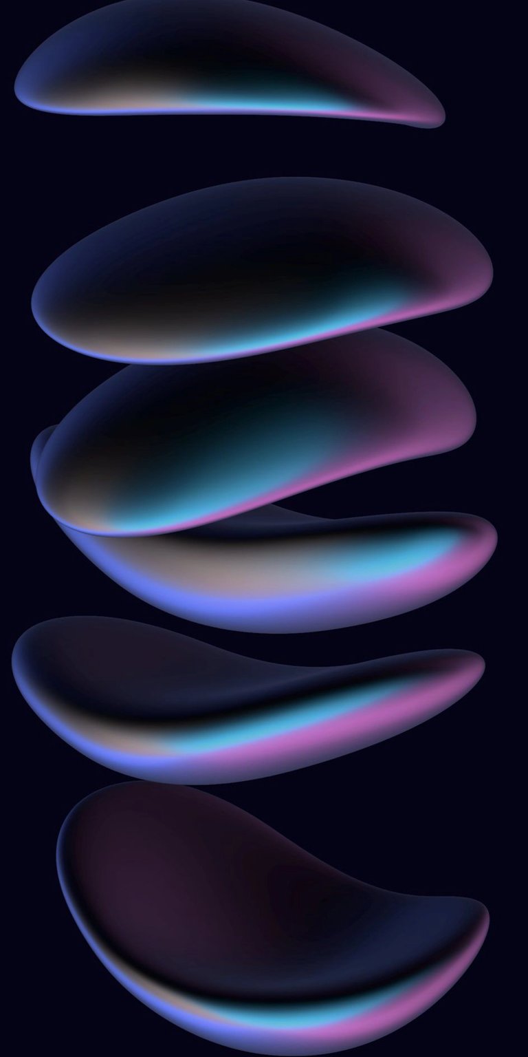 Transform your iPhone with this stunning 4K wallpaper featuring abstract, stacked shapes. The wallpaper boasts a dark background with iridescent, smooth gradients and subtle digital clock overlays.