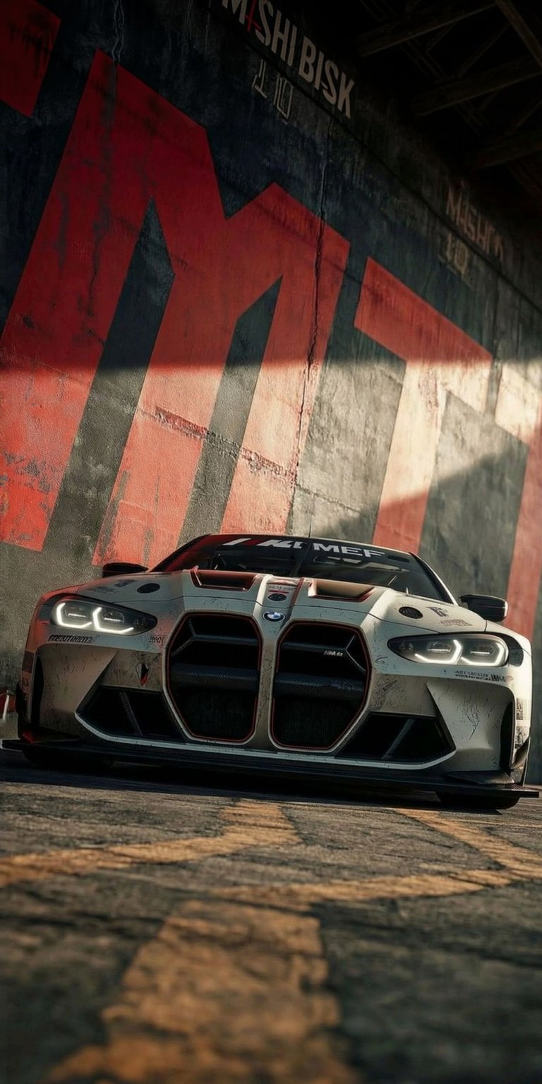 This high-performance BMW M4 G82 GT3 4K wallpaper brings a gritty, cinematic racing aesthetic to your iPhone. The visual features the iconic wide-body race car set against a weathered industrial backdrop with bold red graphics and dramatic low-angle lighting.