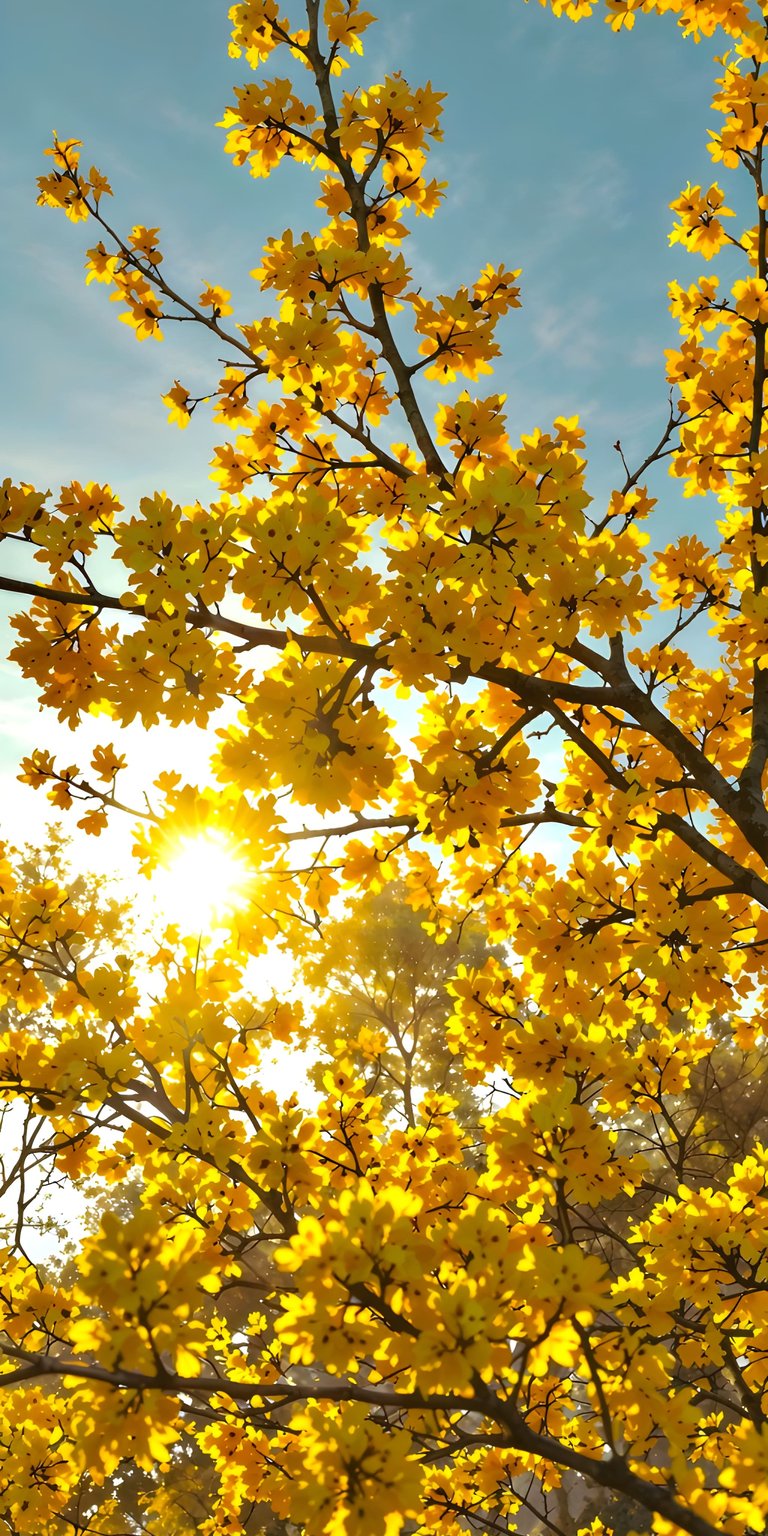 Download this stunning Yellow Leaves 4K wallpaper for your iPhone today. This wallpaper features a striking view of golden leaves against a blue sky, illuminated by a bright, sunlit glow.