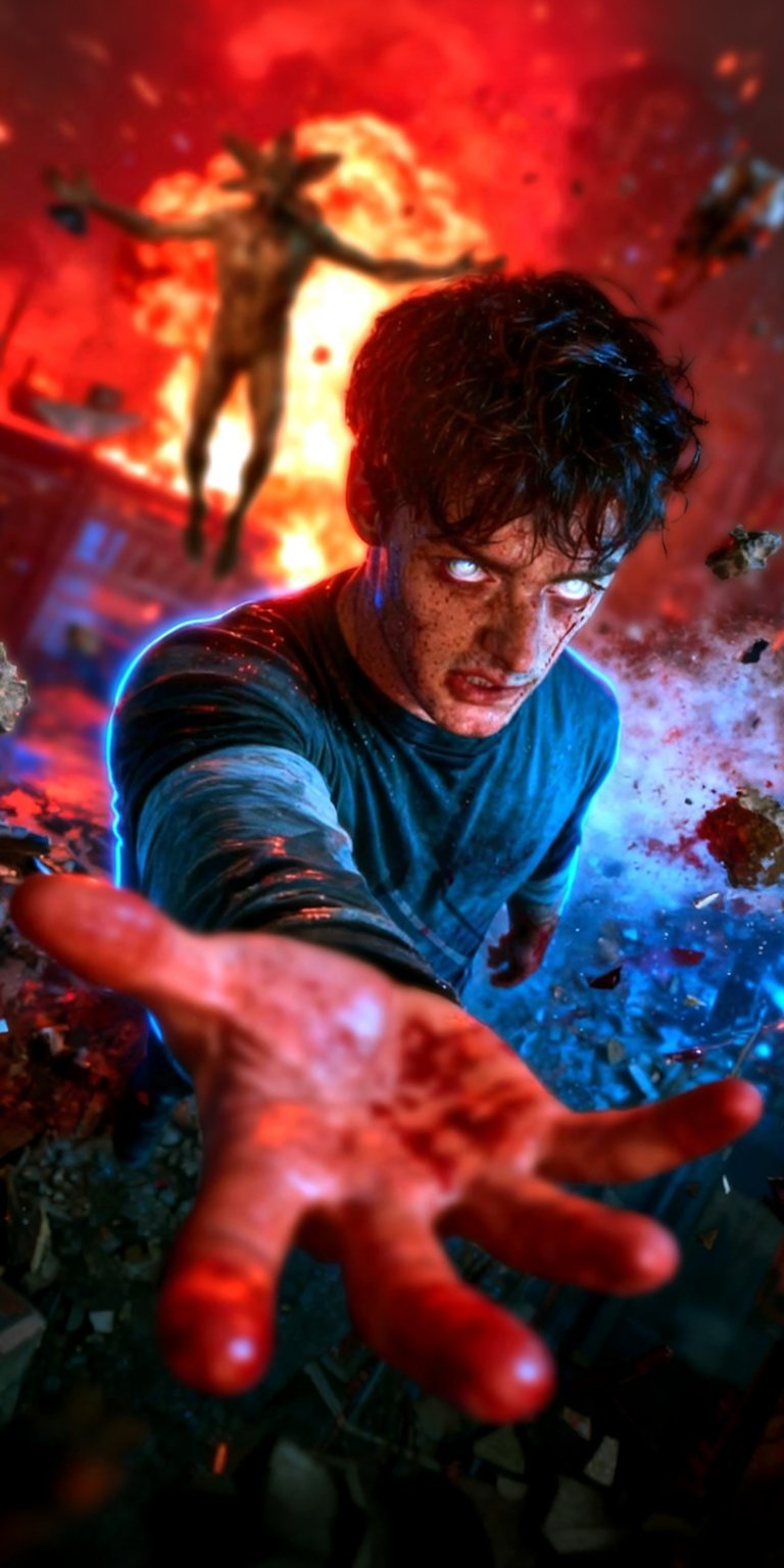 Download this incredible Evil Dead wallpaper in 4K for your iPhone, showcasing a possessed individual with glowing white eyes and an outstretched, blood-soaked hand amidst a fiery, apocalyptic backdrop. This striking wallpaper captures the intensity and horror of the Evil Dead franchise.