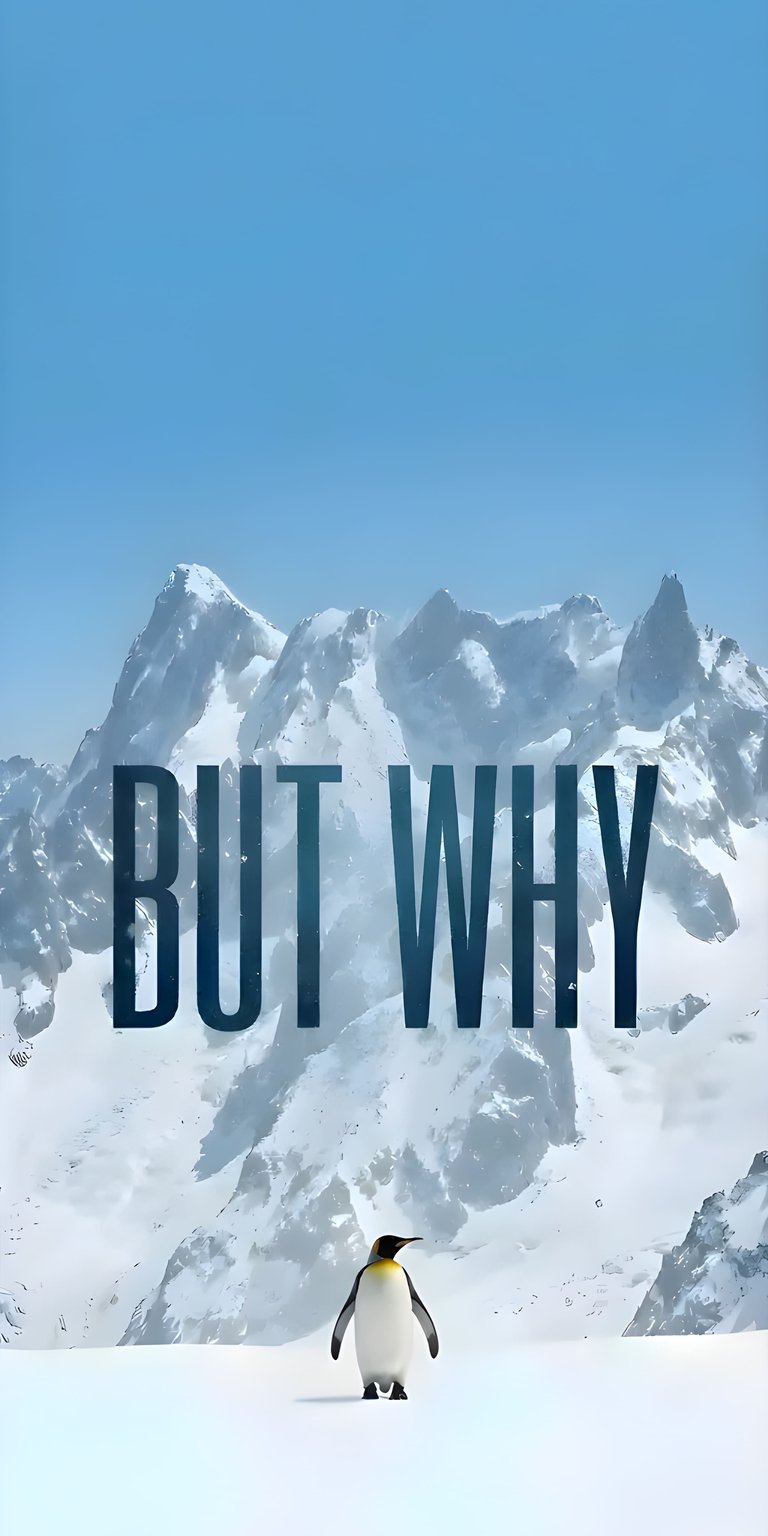 Download this 4K wallpaper of a lone penguin standing defiantly in front of a mountain range, a humorous "BUT WHY" displayed for iPhone users. The penguin contrasts against the snowy foreground, while sharp peaks jut out in the distance, making it a unique wallpaper.