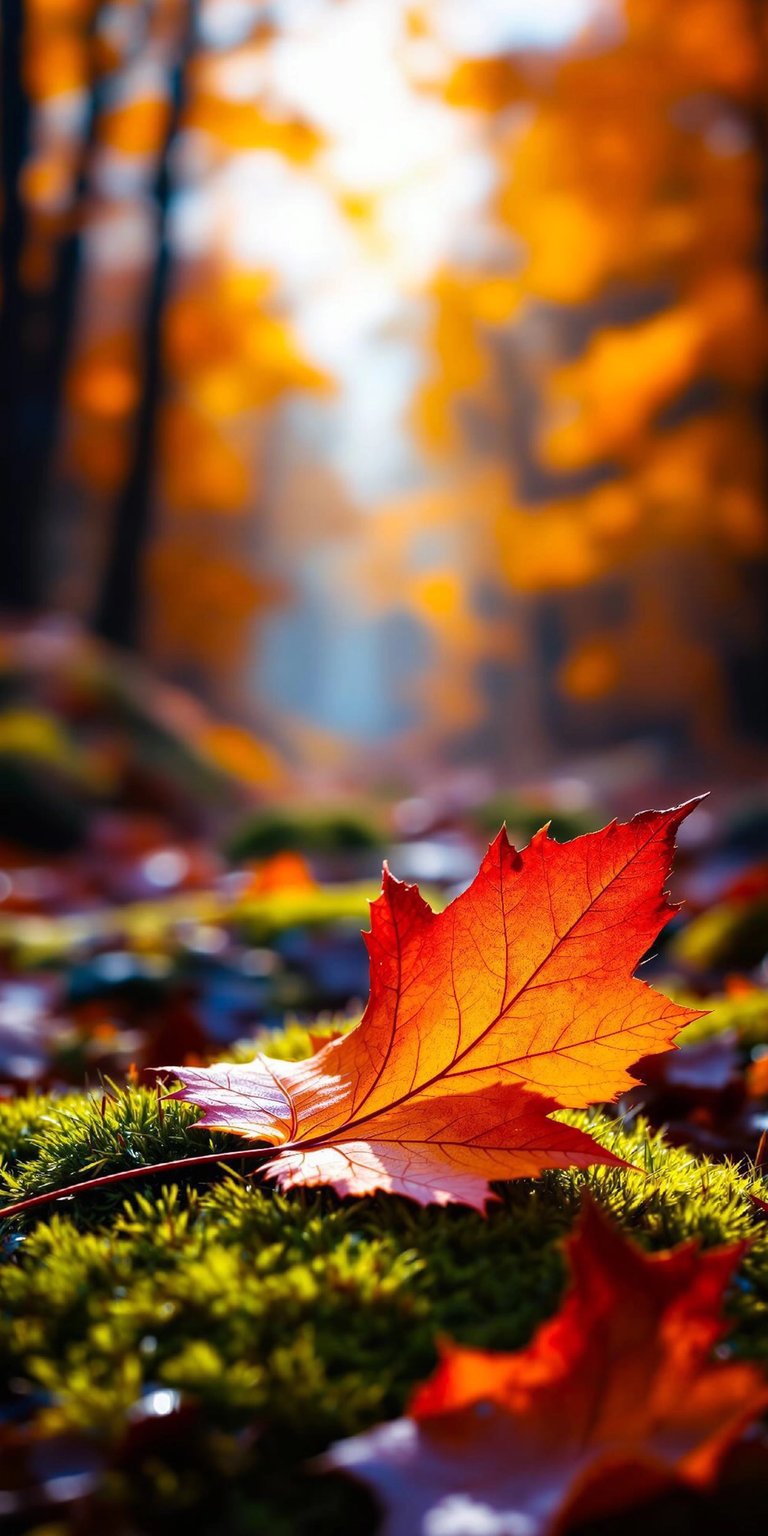 Download this stunning autumn leaf wallpaper in 4K for your iPhone. The vibrant orange leaf contrasts beautifully with the bright green moss and blurred forest background to create an incredible wallpaper.