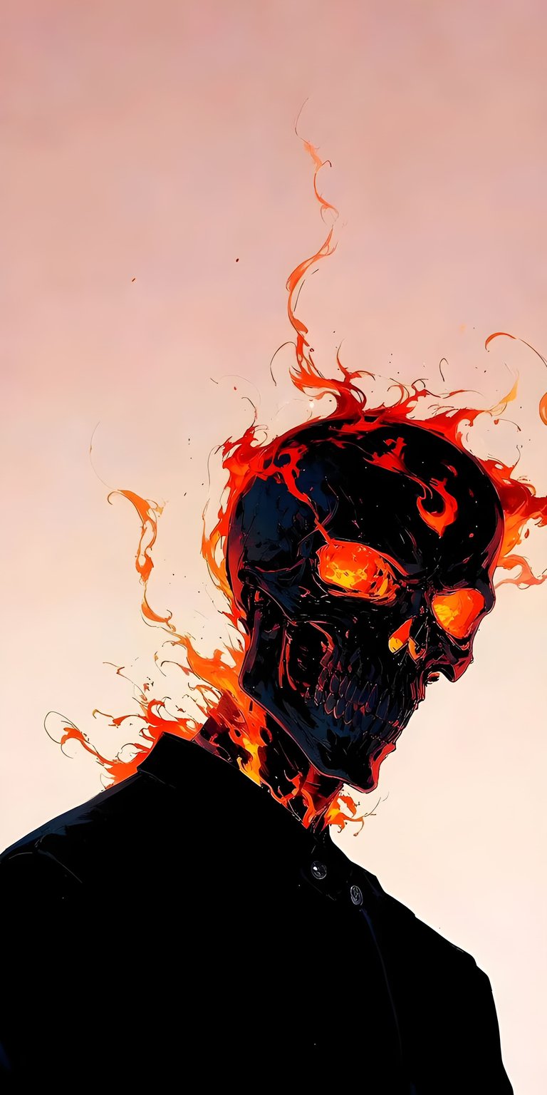 This stunning OLED wallpaper features a dark, stylized Ghost Rider skull engulfed in vivid orange flames against a clean, minimalist background. Perfectly optimized for iPhone, this high-contrast wallpaper uses deep blacks and glowing embers to create a bold, cinematic look for your mobile device.