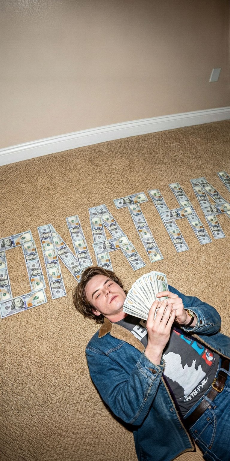 This live wallpaper features Jonathan Byers, the older brother of Will and a photographer from Stranger Things. He is lying on the carpet, surrounded by dollar bills that clearly spell out his name, "JONATHAN". He is dressed in his signature denim jacket and dark shirt, holding a fan of money. This wallpaper captures his brooding, artistic aesthetic and his commitment to his family and friends.