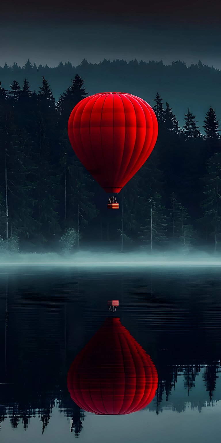 Download this stunning red balloon 4K wallpaper for your iPhone today. Notice the foggy lake, the reflection of the basket, and the dark forest.